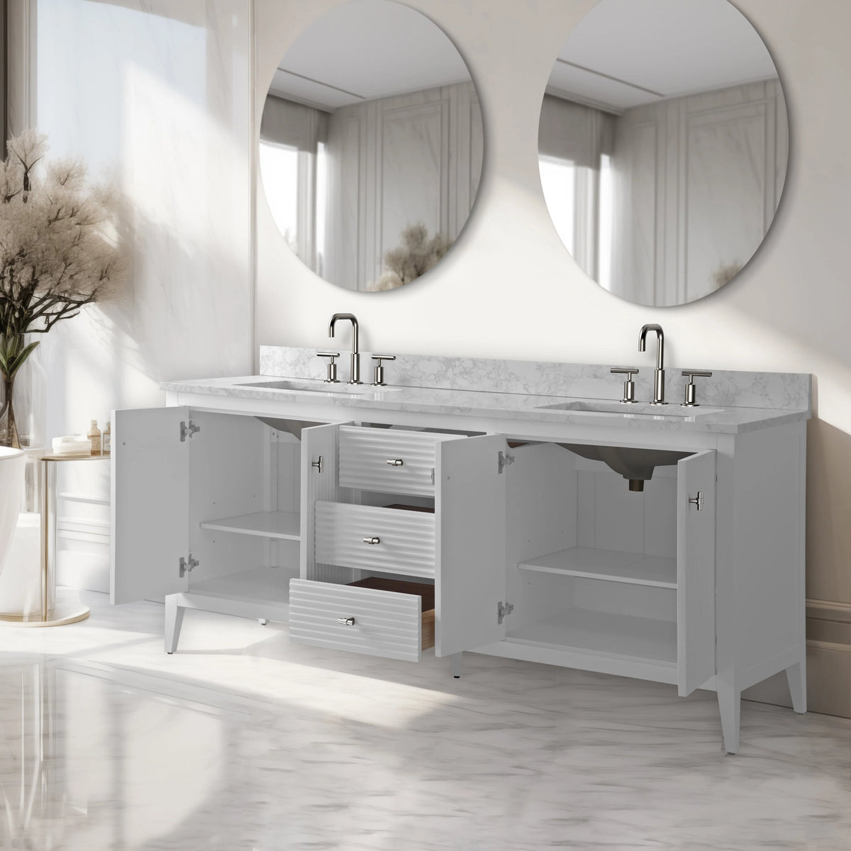 Vanity Art 72 Double Sink Bathroom Vanity Cabinet with Engineered Marble Top
