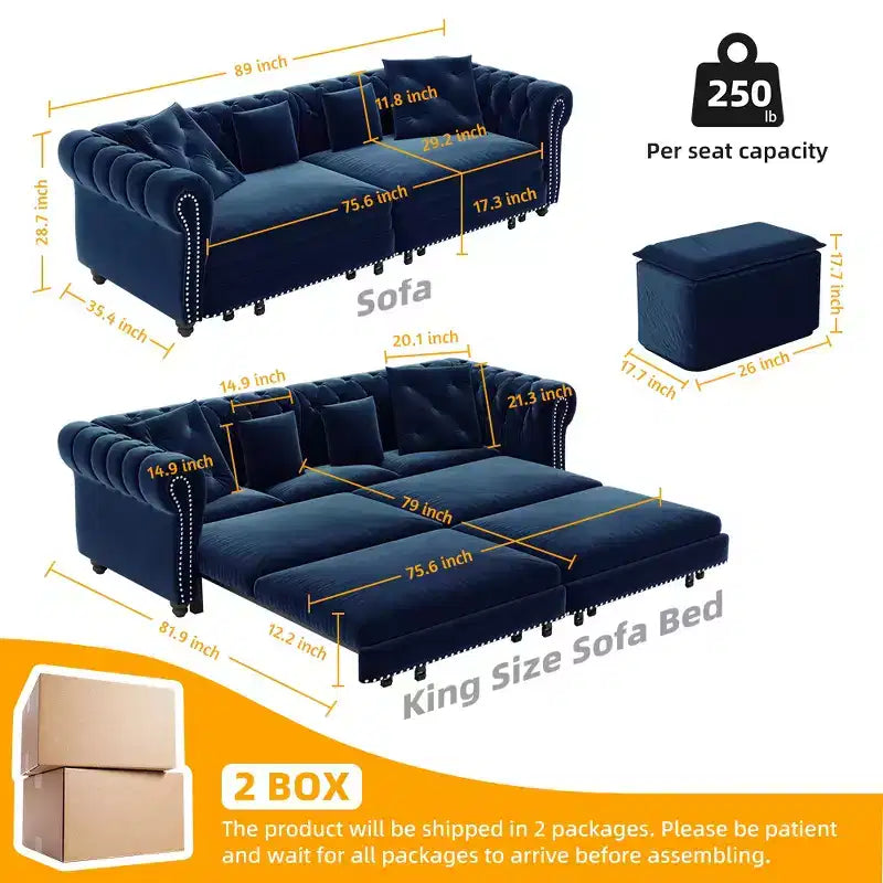 Rozkładana sofa 3 w 1 Whisen Velvet typu king-size z ruchomym podnóżkiem i pikowanym wzorem