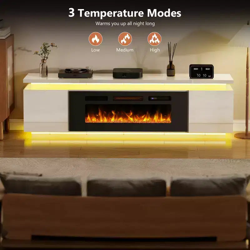 Elektrický krbový TV stolek Skyzoo pro televizory až do 80 palců s LED osvětlením a 4 síťovými zásuvkami, TV konzole do obývacího pokoje