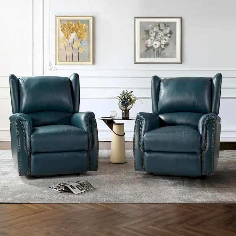 Genuine Leather Power Recliner with USB Port â€?Wingback Nailhead Set of 2