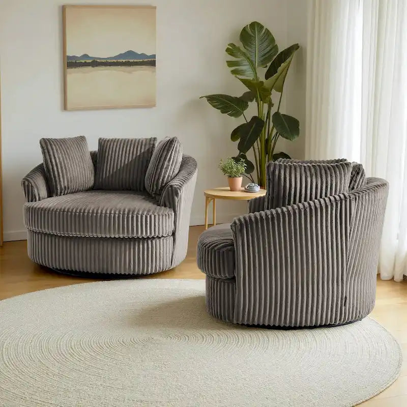 2er-Set übergroße 43 W Plüsch-Cordsessel mit Drehfunktion und Kissen
