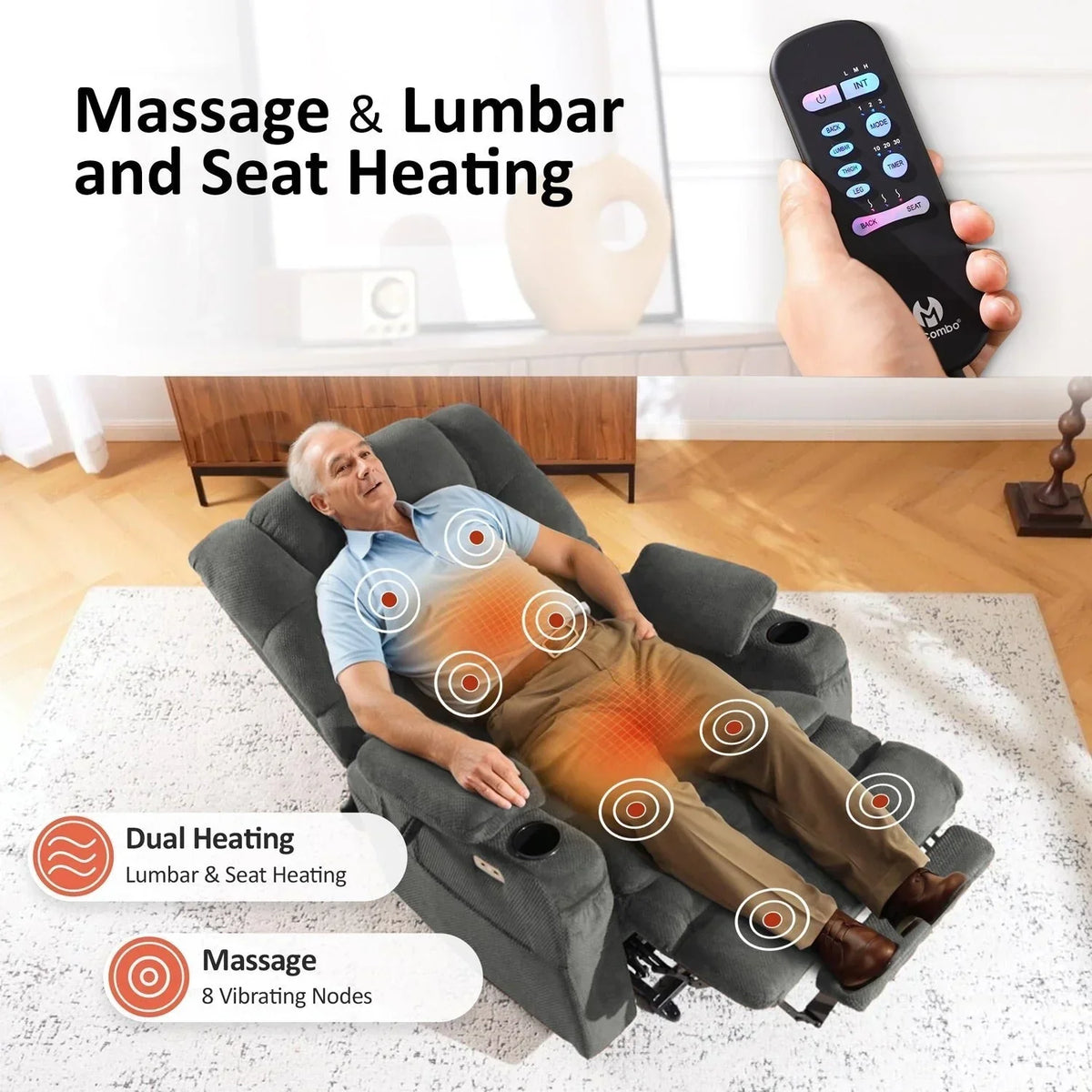 MCombo Large-Wide Dual Motor Power Lift Recliner with Massage and Dual Heating for Big and Tall Elderly, Fabric R7635
