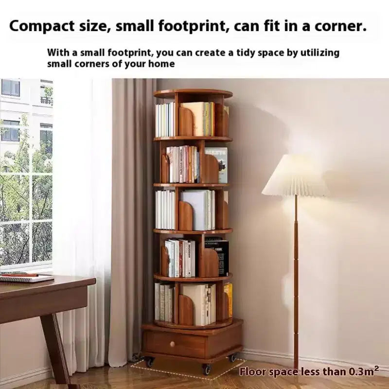 Chic Crate smalle hoekboekenkast met 6 niveaus, 360° draaibaar en voorzien van wielen, voor kleine ruimtes, walnootbruin