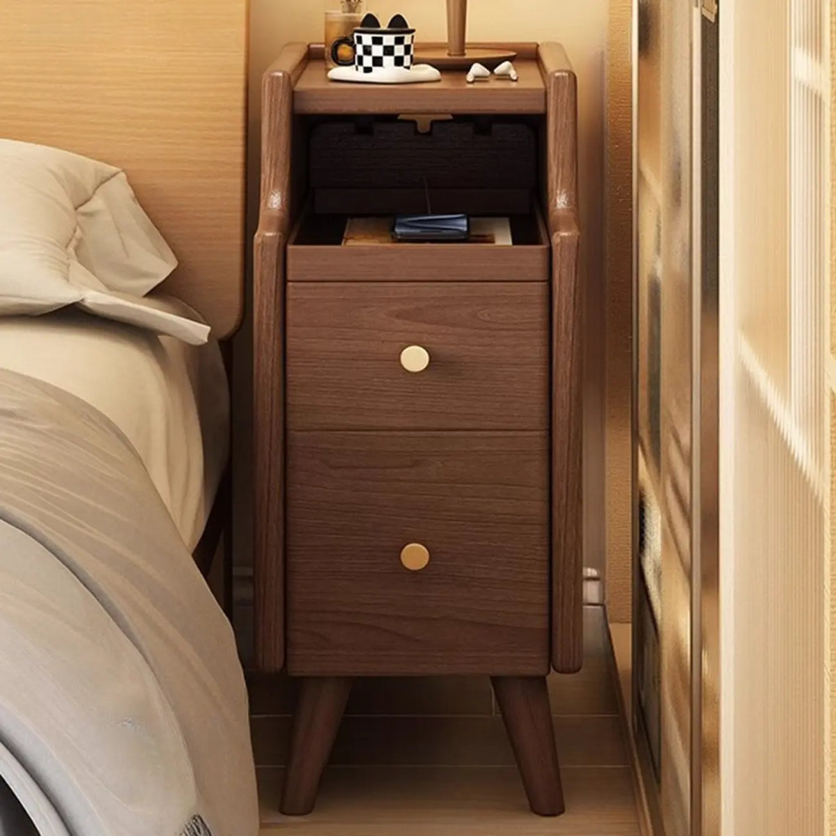 Narrow White Wood 2 Shelves Nightstand