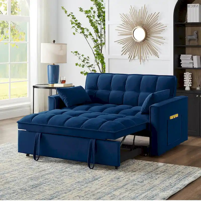 Sofá-cama de 2 lugares 4 em 1 com braços e bolsos de arrumação, sofá-cama extraível multifunções com encosto ajustável