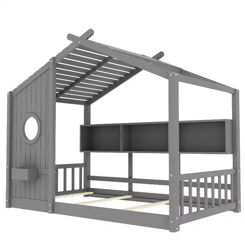 Hausbett mit Plattformrahmen in Twin-/Full-Size, Kleinkind-Bodenbett, Montessori-Kinderbett und Spielhausbett mit Ablage – ModernLuxe