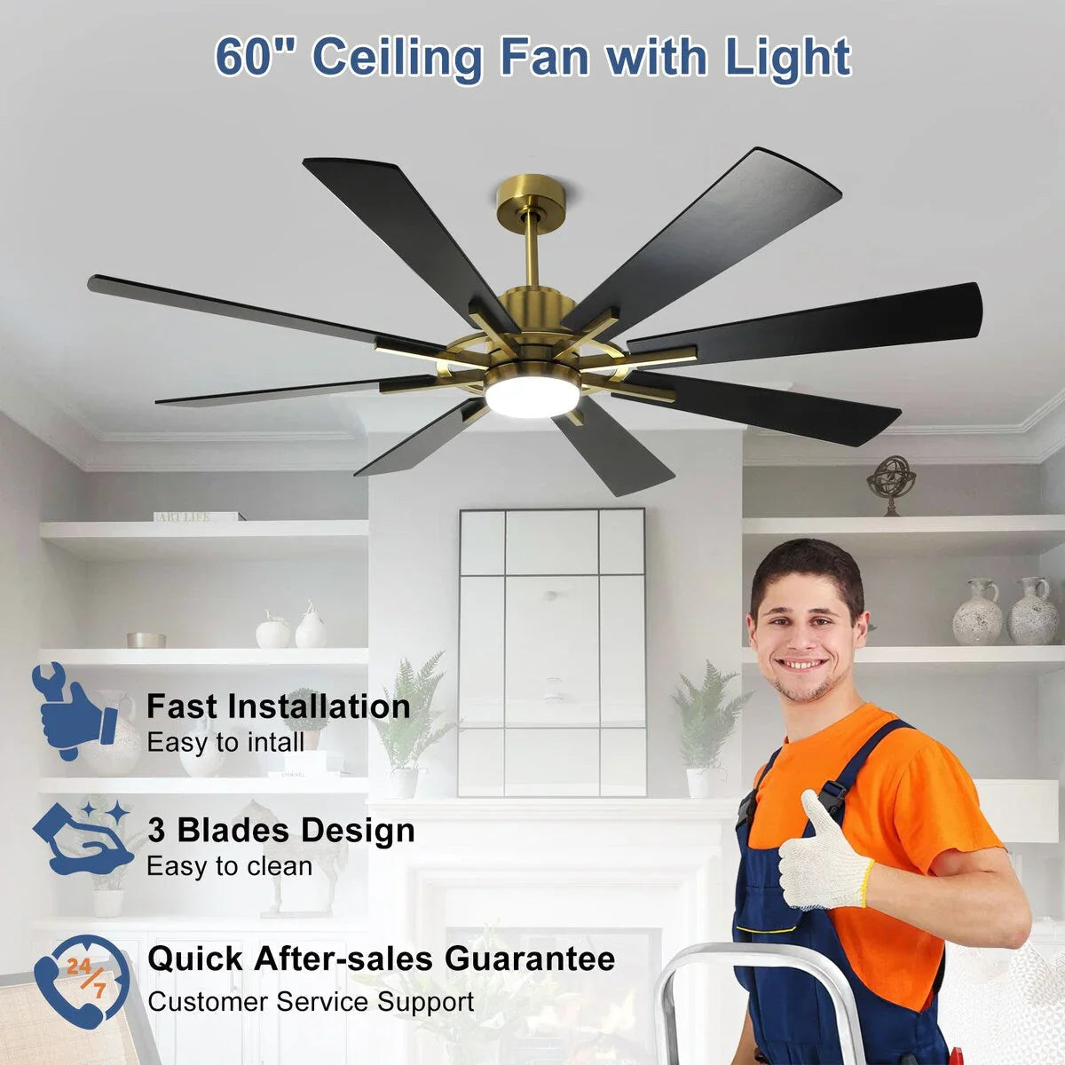 Grand ventilateur de plafond télécommandé avec éclairage et 8 grandes pales en bois