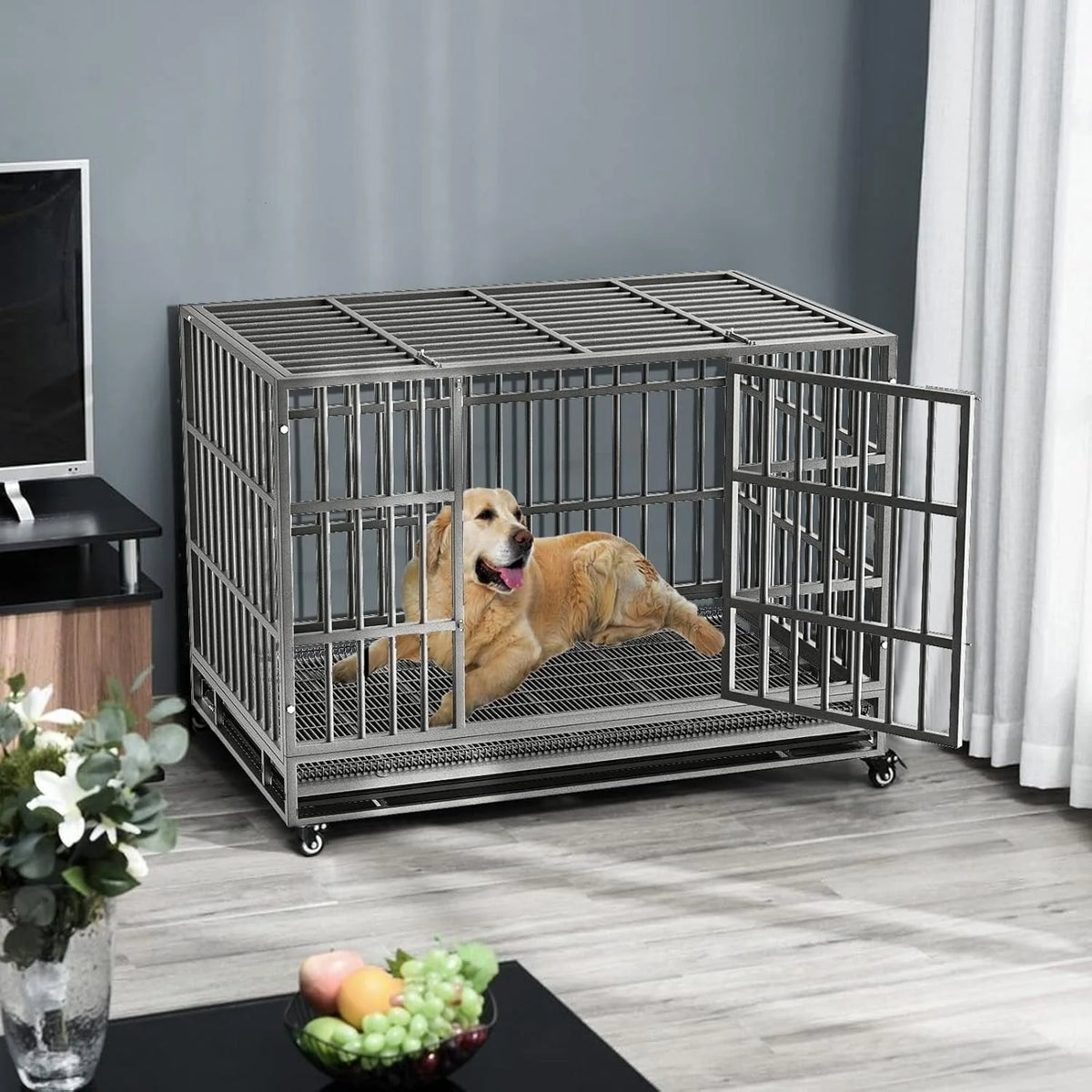 BOSSIN 48/38 Zoll großer, besonders robuster und unverwüstlicher Hundekäfig, ausbruchsicherer Hundezwinger mit feststellbaren Rollen