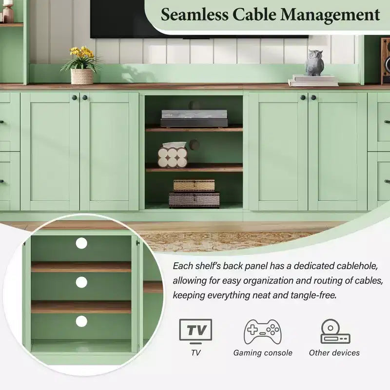 ModernLuxe 4-in-1-Farmhouse-Entertainment-Center als Wandeinheit, passend für Fernseher bis 70, TV-Ständer und Medienkonsole mit verstellbaren Regalen und Schubladen