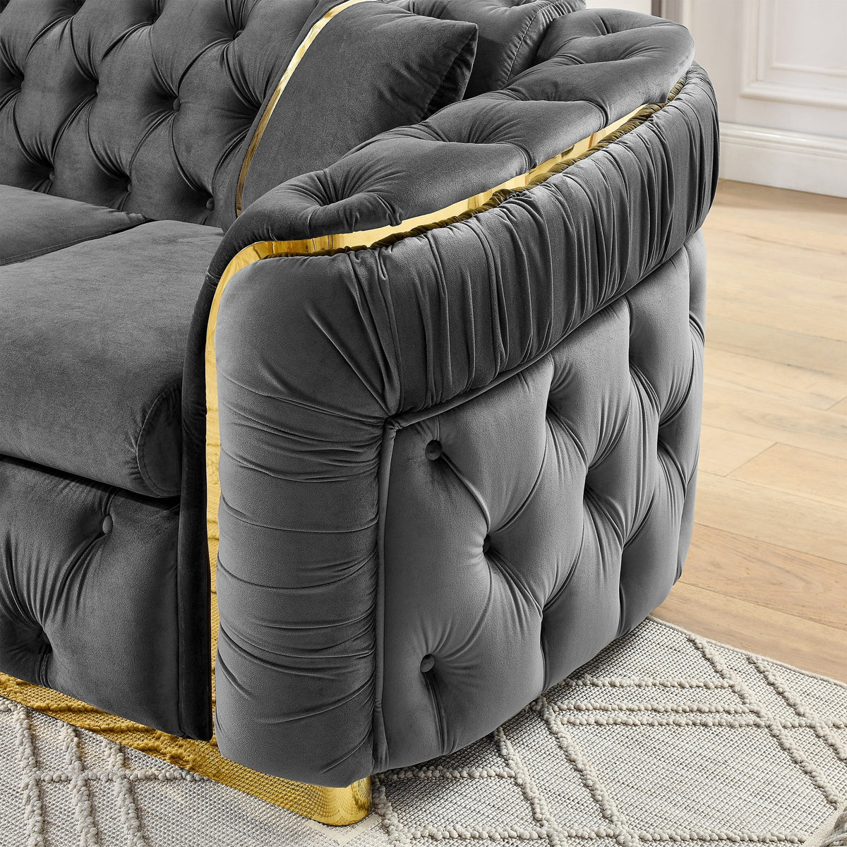 90.6 Velvet 3-Seater Sofa with 2 Pillows High-Density Cushions, Gold Accents, and Pillows