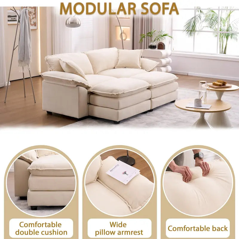 Zweisitzer-Sofa mit 2 Sitzkissen, 2 Kissen und 2 Hockern, bequemes Sofa – tiefes Wohnzimmer-Sofa, modulares Sofa