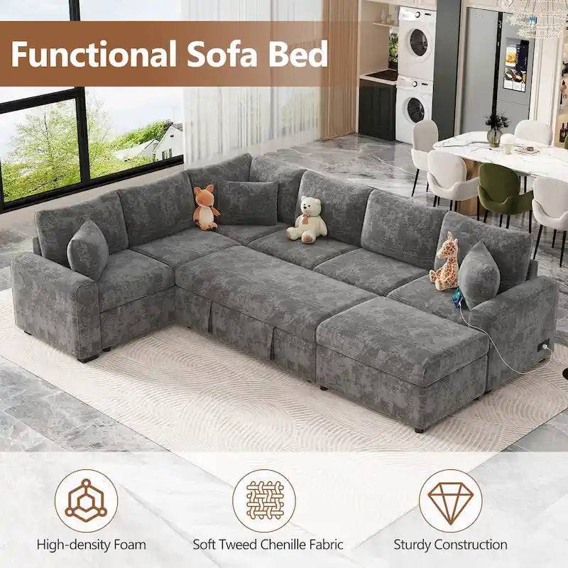 Ecksofa aus Chenille, ausziehbares Schlafsofa in L-Form mit Aufbewahrungshocker, 3 Kissen und Ladegeräten