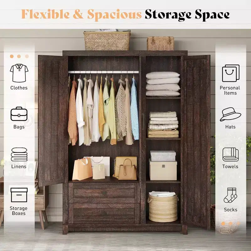 Armário de roupa estilo quinta AMERLIFE de 47 com 3 portas, 2 gavetas, varão para cabides e prateleiras ajustáveis, organizador de roupeiro independente