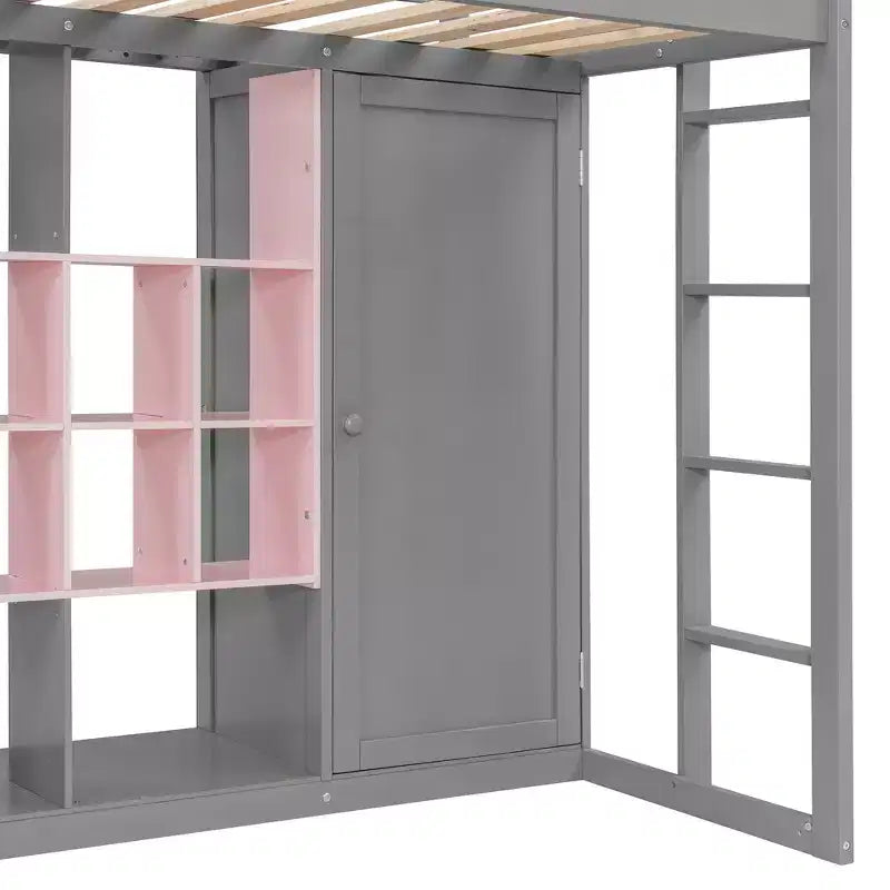 Kinderhoogslaper met kledingkast en planken, houten hoogslaperframe met opbergkast voor kinderen en tieners