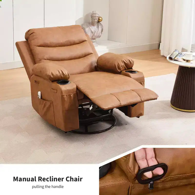 Fauteuil inclinable à bascule pivotant à 360° grand format avec massage et chauffage – fauteuil lounge ergonomique avec porte-gobelets et poches latérales pour le salon ou la chambre d’enfant