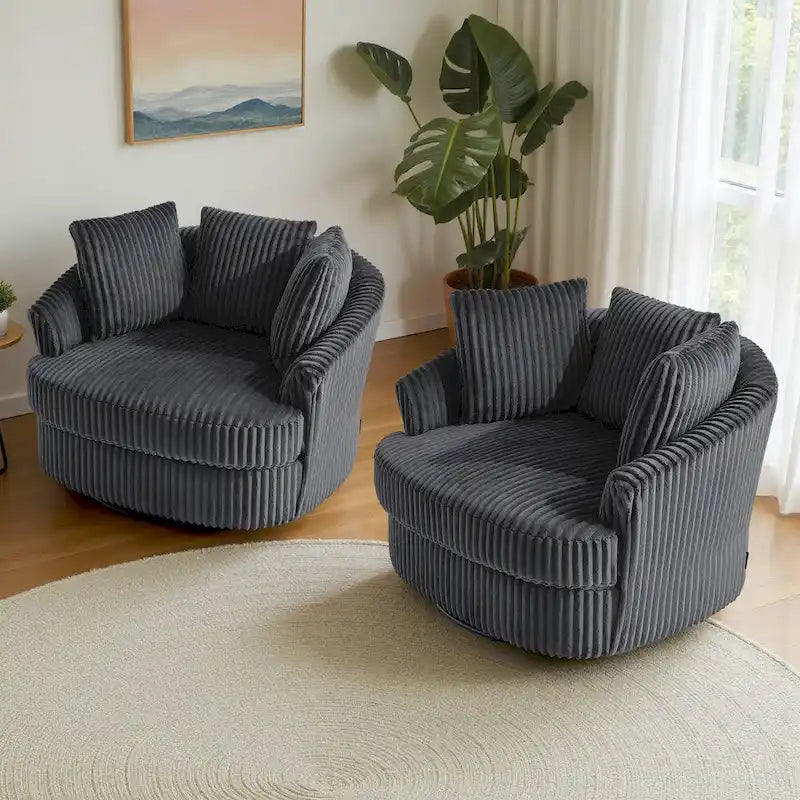 2er-Set übergroße 43 W Plüsch-Cordsessel mit Drehfunktion und Kissen