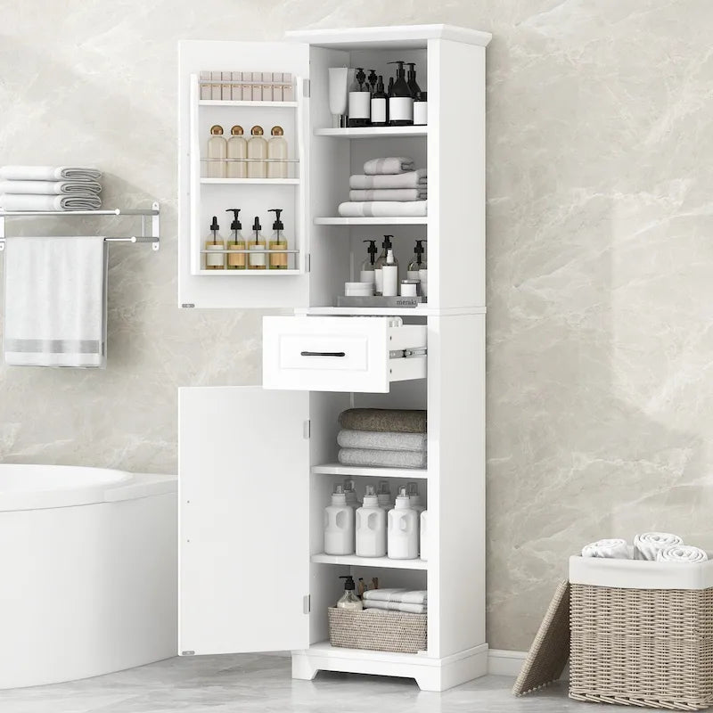 Mobiletto da bagno indipendente con 2 ante, ripiani regolabili e spazio contenitore nelle ante, organizzatore da bagno alto