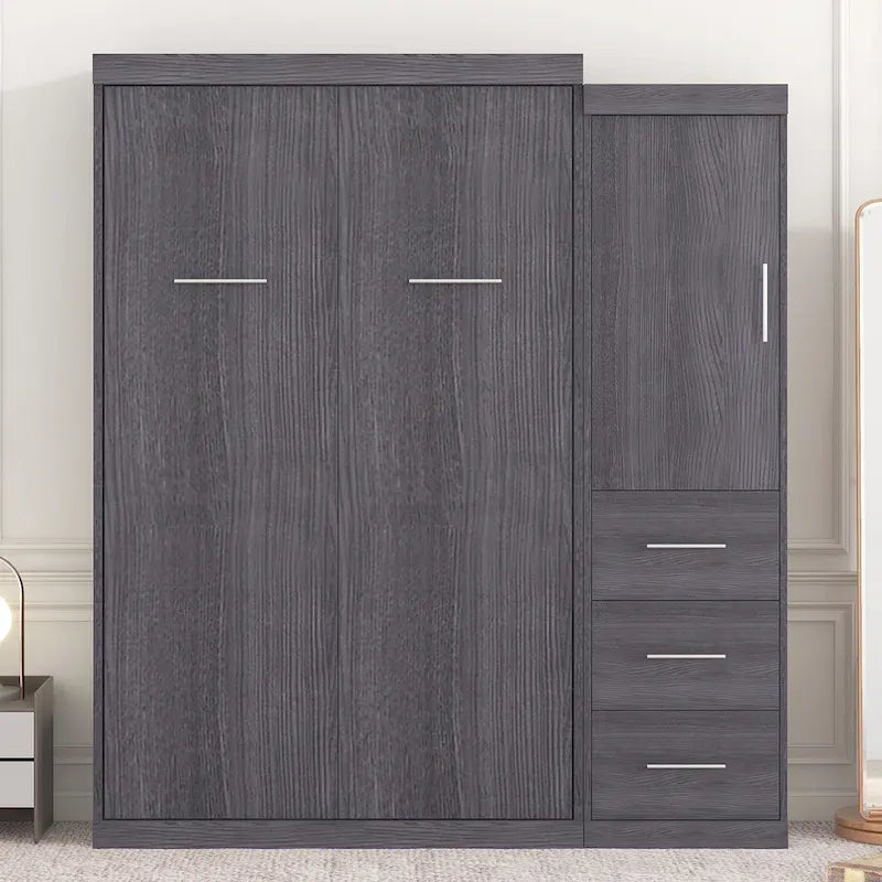 Lit escamotable pliable gris avec armoire et 3 tiroirs, deux places/une place, pour 1 personne
