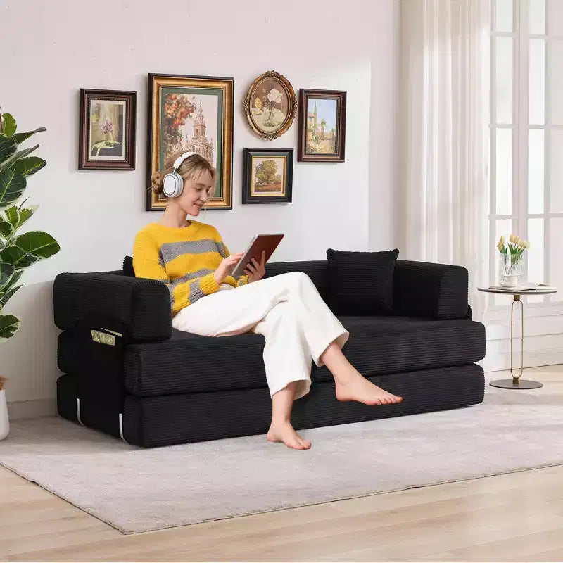 Rozkládací pohovka s lůžkem, skládací matrace a pohovka/loveseat 78.8 5 v 1, ocelový rám s pevným tvarem, manšestrový potah s polštáři