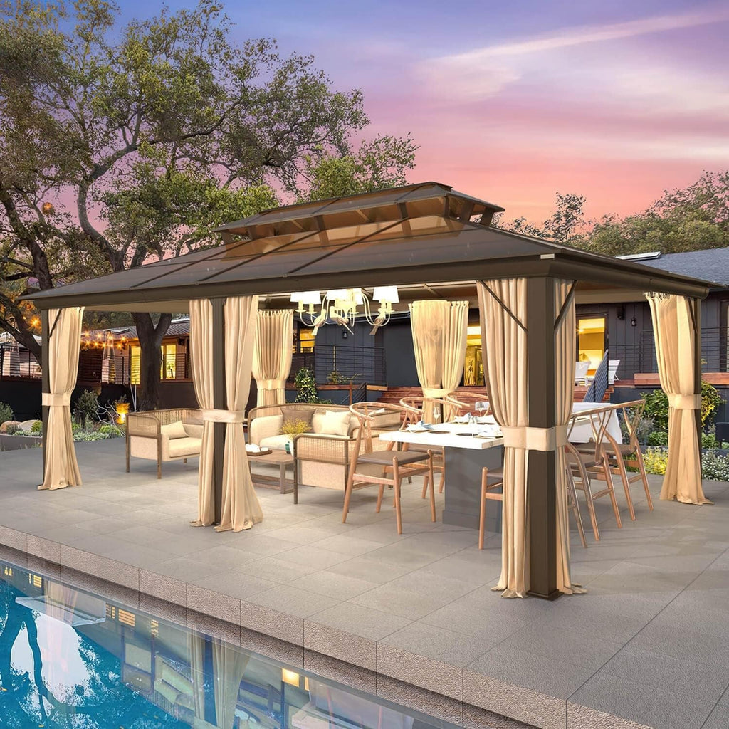 EROMMY prieel met hard dak, pergola voor buiten met dubbel dak, netten en gordijnen, robuuste overkapping voor terras, achtertuin en zwembadfeestjes