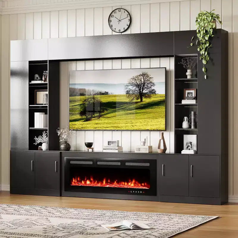 EROMMY 112Large, zestaw mebli do salonu z miejscem na telewizor, kominkiem i oświetleniem LED