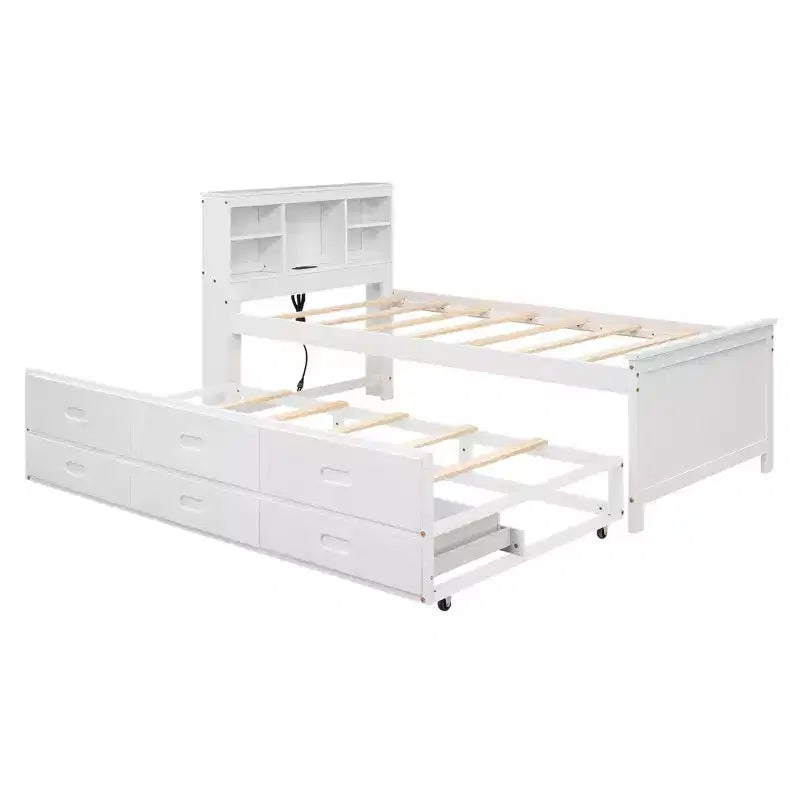 Podestbett mit Ausziehbett und Schubladen, Stauraum-Podestbett mit USB-Anschluss, Holz-Podestbett mit Bücherregal