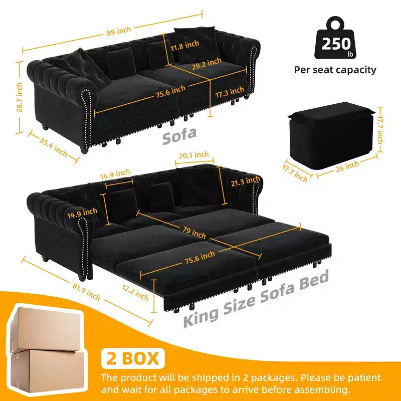 Rozkładana sofa 3 w 1 Whisen Velvet typu king-size z ruchomym podnóżkiem i pikowanym wzorem