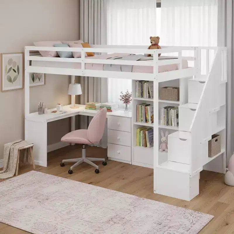 Cama alta de tamanho Twin com secretária em L, 3 gavetas, armário, arrumação nas escadas e estrutura em pinho maciço/MDF
