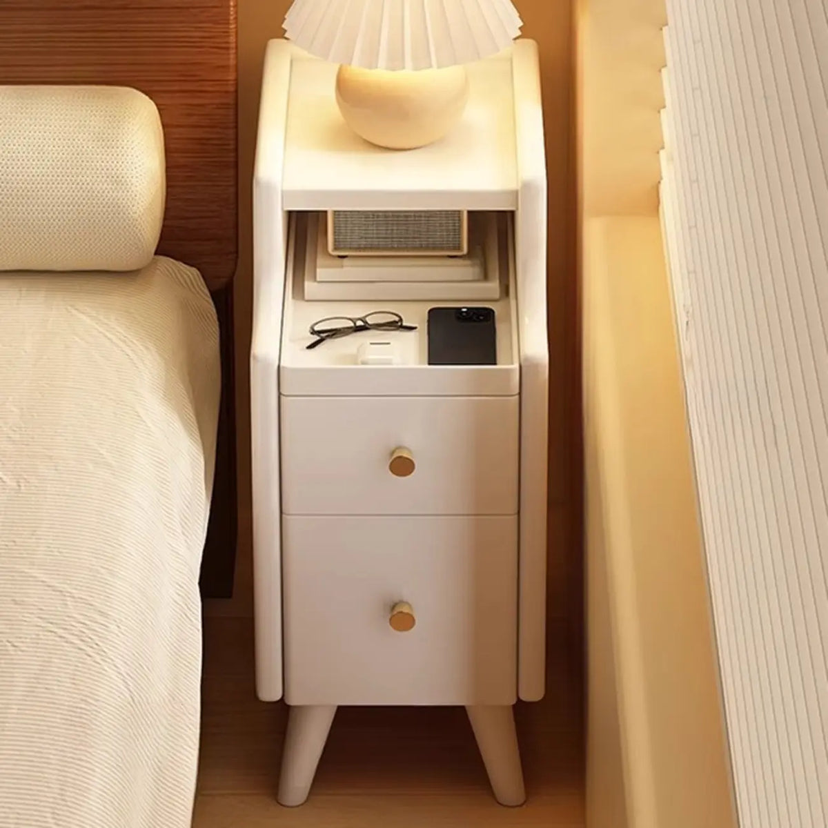 Narrow White Wood 2 Shelves Nightstand