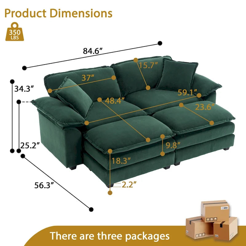 Zweisitzer-Sofa mit 2 Sitzkissen, 2 Kissen und 2 Hockern, bequemes Sofa – tiefes Wohnzimmer-Sofa, modulares Sofa