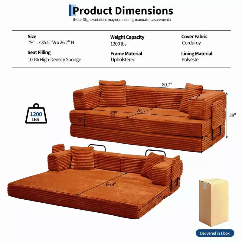 80.7 5-in-1 Convertible Sleeper Sofa Bed â€?Corduroy, 1200 lbs, No Assembly