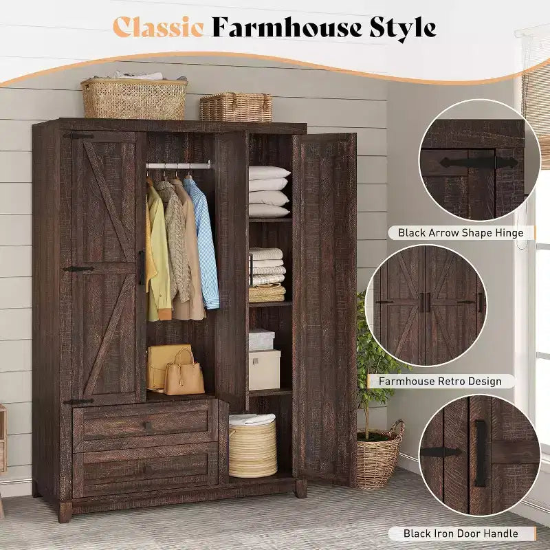 Armário de roupa estilo quinta AMERLIFE de 47 com 3 portas, 2 gavetas, varão para cabides e prateleiras ajustáveis, organizador de roupeiro independente