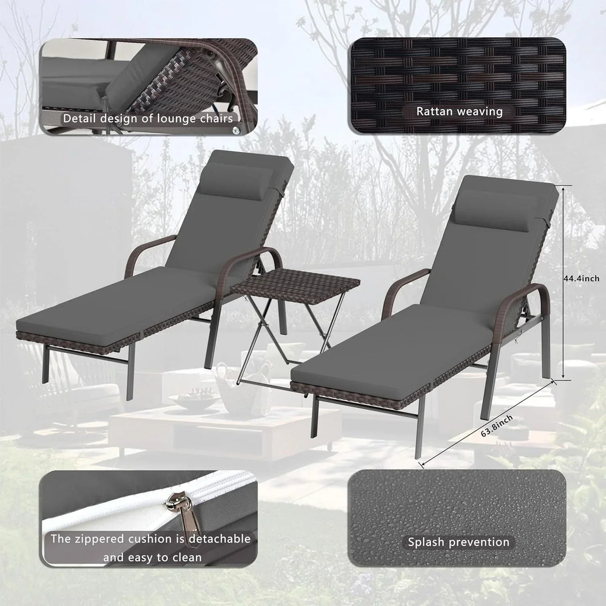 3-elementowy zestaw ogrodowych leżanek typu chaise longue Kullavik