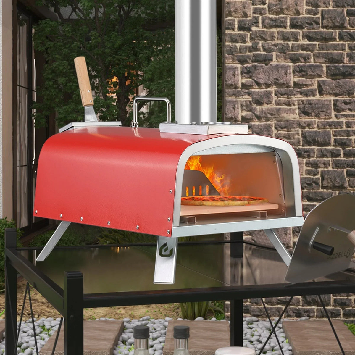 Multibrennstoff-Pizzaofen für den Außenbereich, Steinofen-Pizzaofen mit Gasbrenner und Holzfach – 12 Zoll