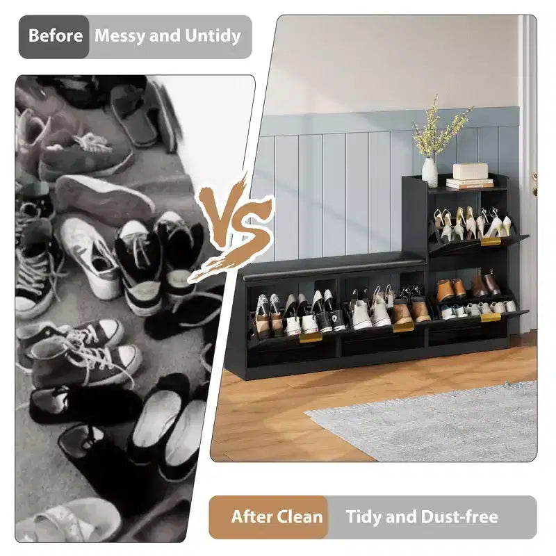 Szafka na buty w stylu farmhouse z ławką, organizer na obuwie do przedpokoju z 4 uchylnymi szufladami, wygodnym tapicerowanym siedziskiem i wolnostojącym stojakiem na buty z ławką