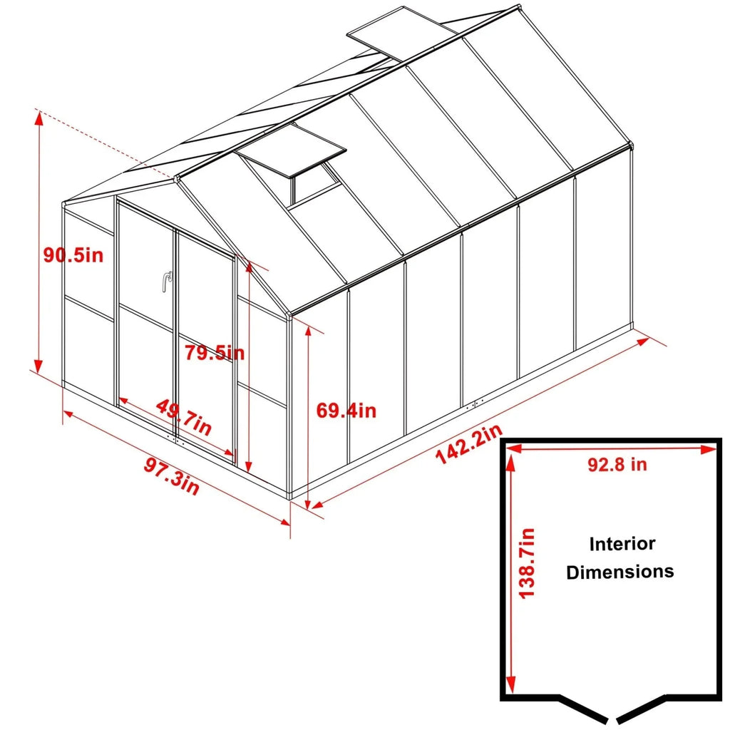 VEIKOUS begehbares Gewächshaus-Set aus Aluminium mit verstellbarem Dachfenster und abschließbarer Tür, grau