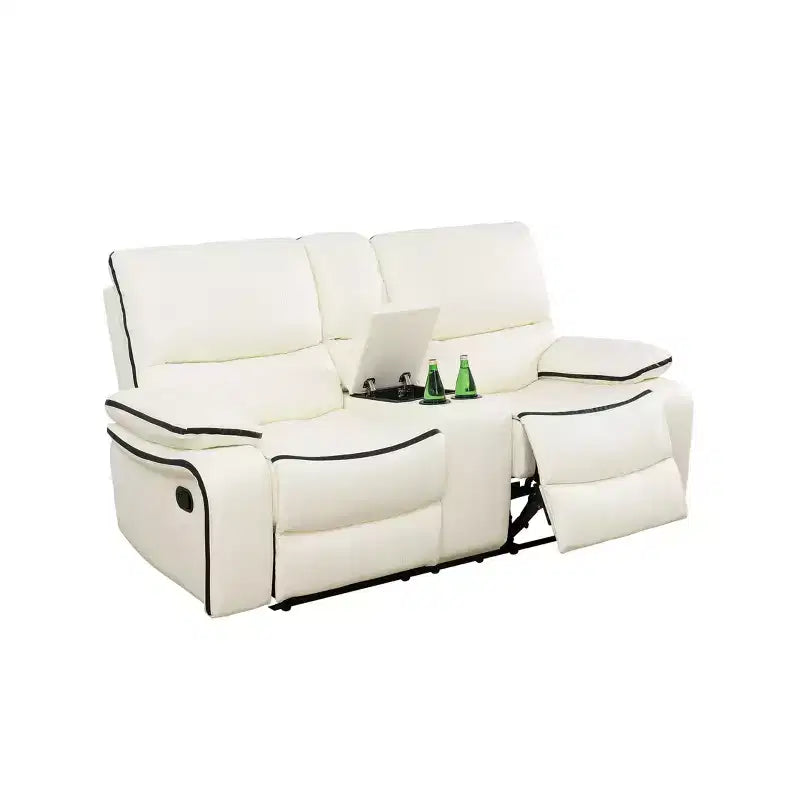 Elektrické dvoumístné polohovací loveseat MAYEERTY, elektrické kožené křeslo s odvětrávaným čalouněním, úložným prostorem a držáky na nápoje do obývacího pokoje, bílé