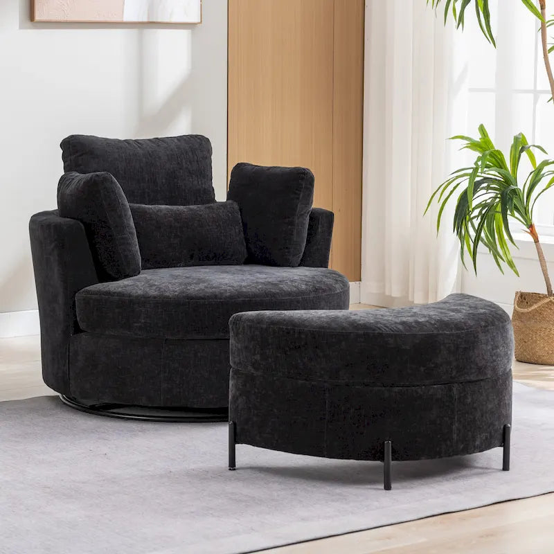 42.3W Upholstered Swivel Accent Chair with 4 Pillows and Half-Moon Storage Ottoman
