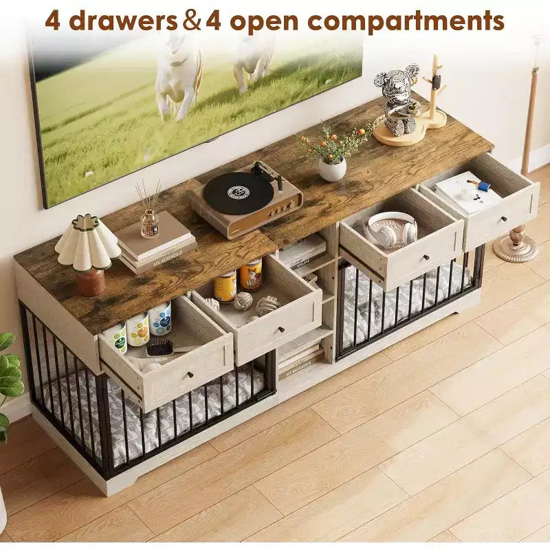 82-delige dubbele hondenbench, grote binnenkennel voor 2 honden, robuuste houten hondenbench en tv-meubel met 4 laden en planken