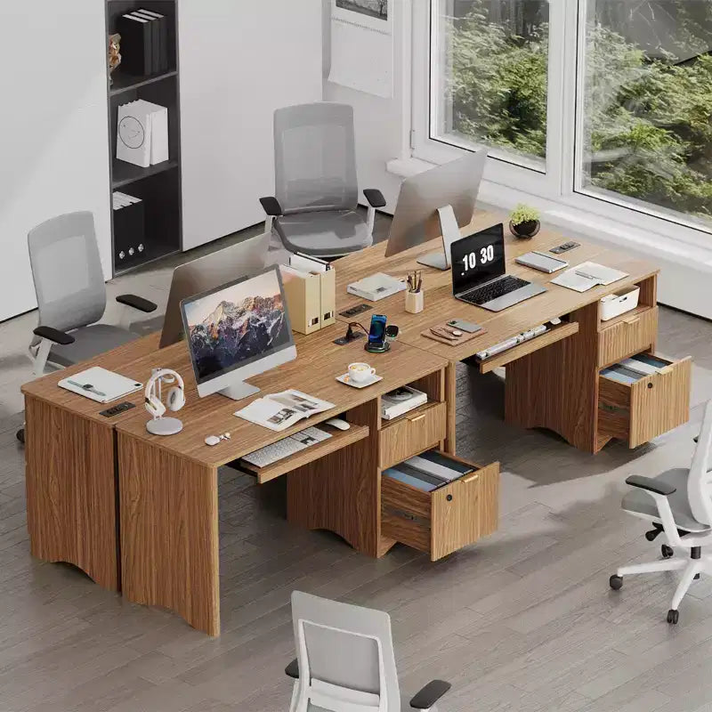 Scrivania per computer Bestier 55 Smart, scrivania da lavoro in rovere con cassetti portadocumenti e presa di corrente, scrivania direzionale da ufficio con spazio aperto e vassoio per tastiera
