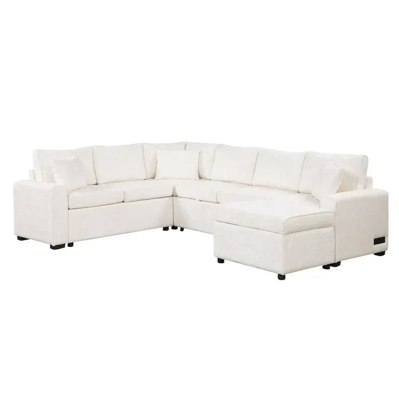 Ecksofa aus Chenille, ausziehbares Schlafsofa in L-Form mit Aufbewahrungshocker, 3 Kissen und Ladegeräten