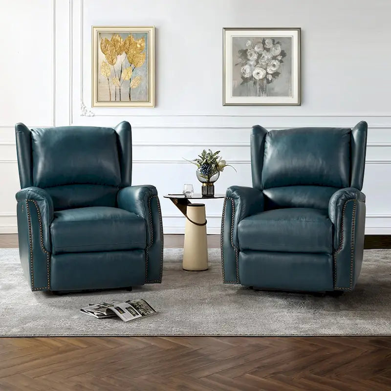 Genuine Leather Power Recliner with USB Port â€?Wingback Nailhead Set of 2