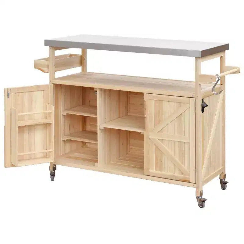 Okak Outdoor-Kücheninsel mit Edelstahlplatte, Küchenwagen aus Holz mit Türen, Regalen und Gewürzablage, rollbare Kücheninsel