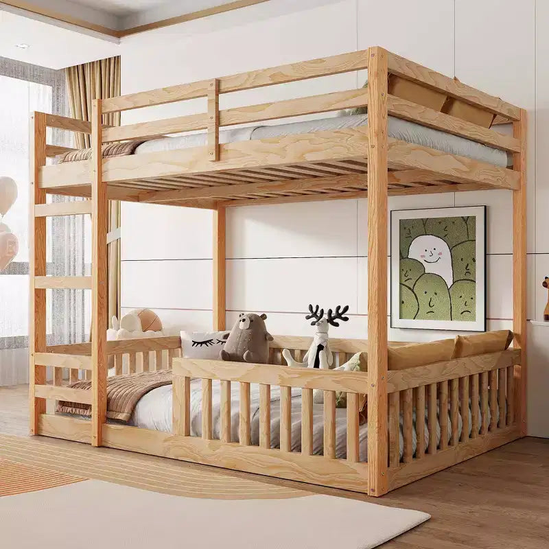 Letto a castello in legno matrimoniale sopra matrimoniale con scala e sponde di sicurezza, letto a castello matrimoniale basso con rete a doghe