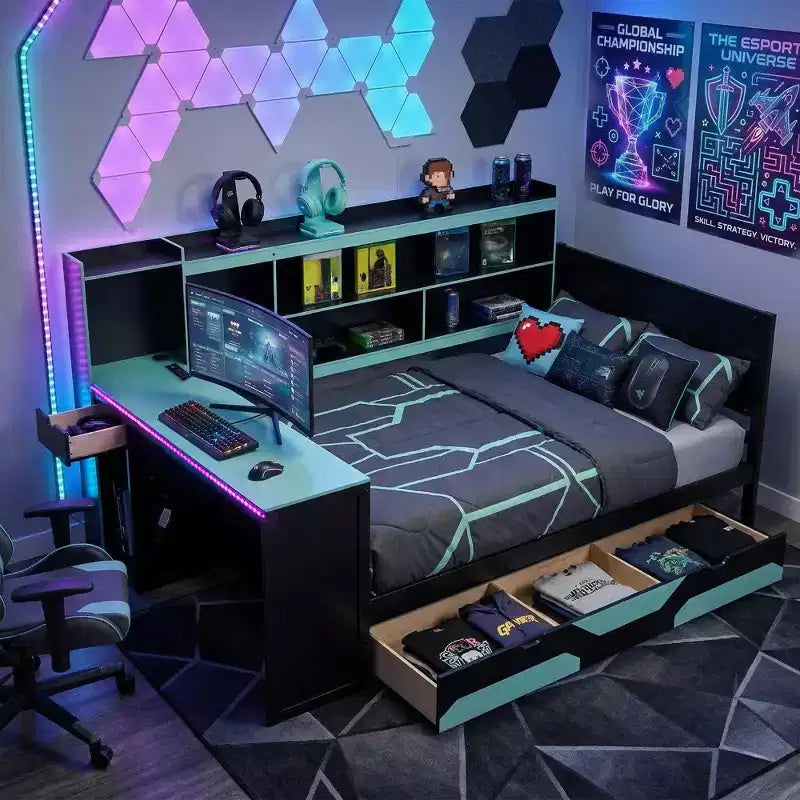 Łóżko Gamer Hub z biurkiem, oświetleniem RGB, stacją ładującą, szufladami i wezgłowiem z regałem