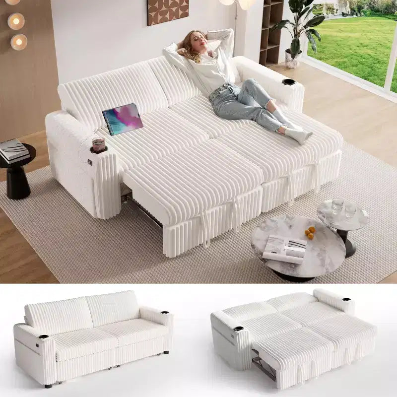 Dyonery 91: narożna sofa z funkcją spania, wysuwanym łóżkiem, rozkładanym oparciem, dwoma wysuwanymi łóżkami, portami USB i uchwytami na kubki, z miękkiego sztruksu