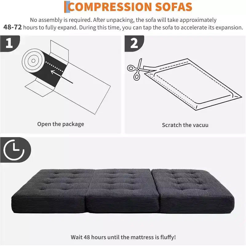 Divano letto con materasso pieghevole a tre sezioni SunnyFurn da 15 cm, 190,5 x 138 cm, letto per ospiti pieghevole in schiuma con velluto a coste trapuntato, portatile per campeggio, soggiorno e camera da letto