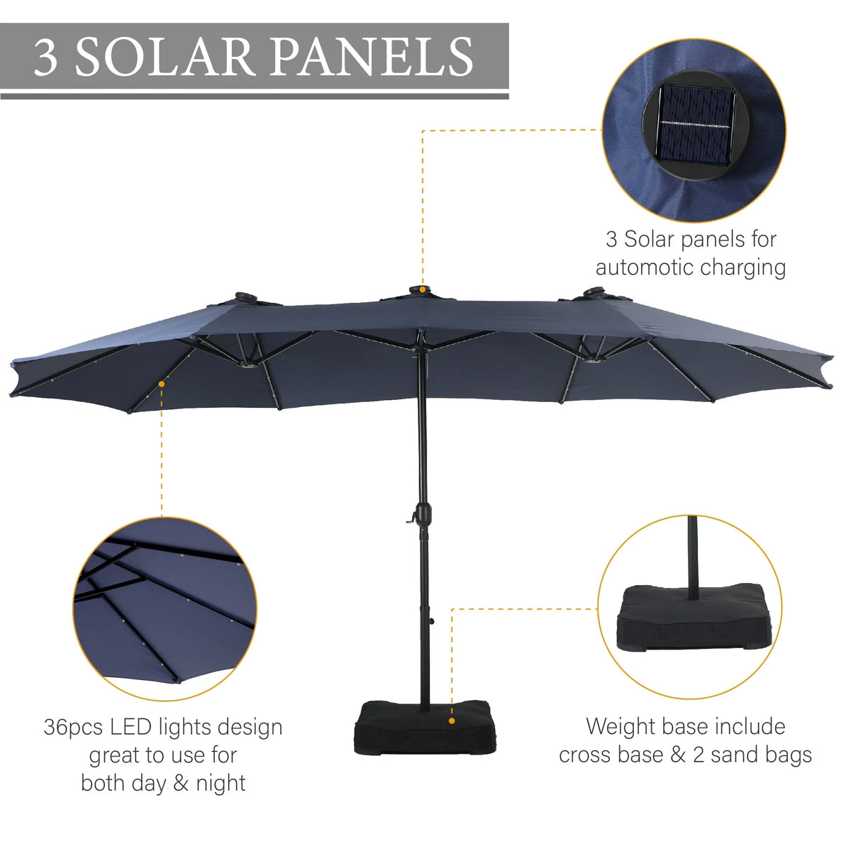 15-foot Rectangular Crank Double-sided Outdoor Market Umbrella Solar LED Lighted Patio Umbrella with Base Included
