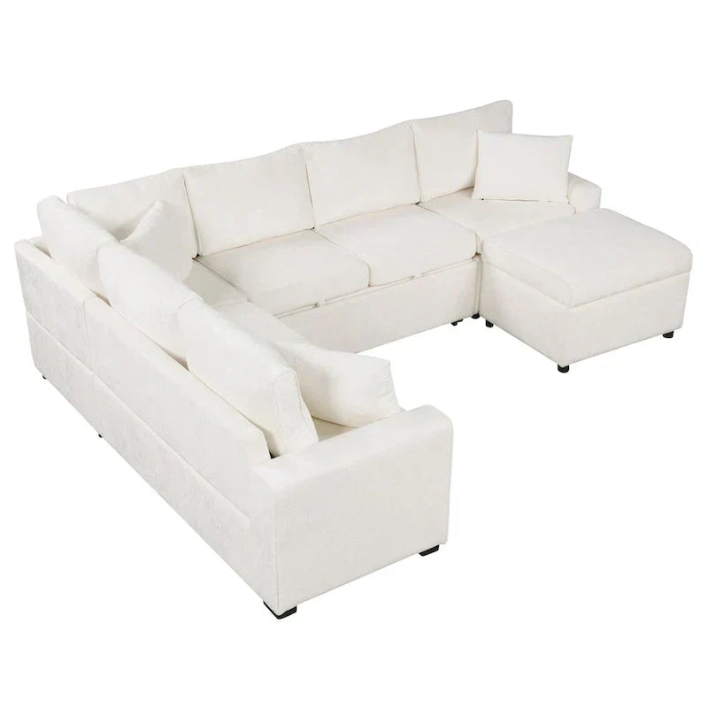 Ecksofa aus Chenille, ausziehbares Schlafsofa in L-Form mit Aufbewahrungshocker, 3 Kissen und Ladegeräten