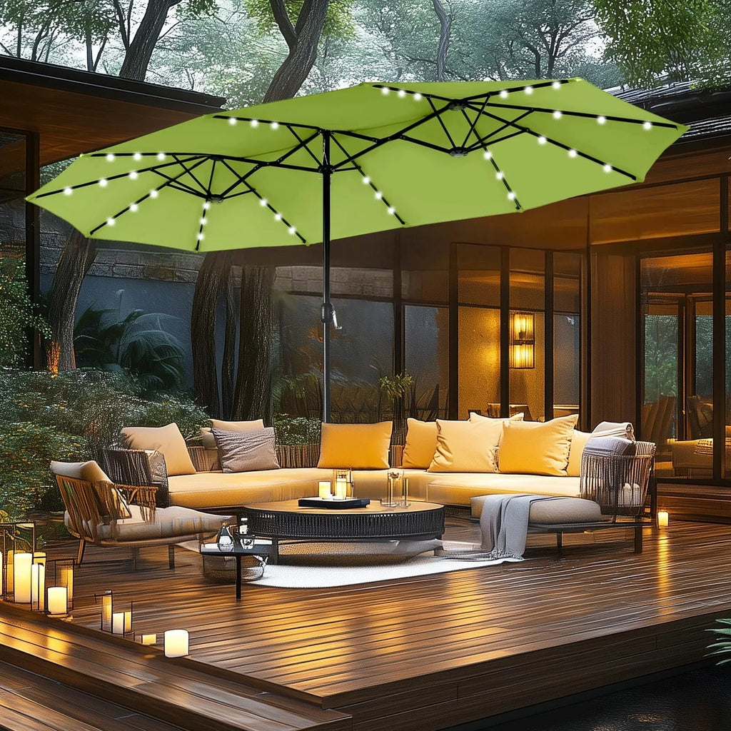MAISON ARTS 15-Fuß-rechteckiger Outdoor-Marktschirm mit Kurbel, doppelseitiger Bespannung und solarbetriebenen LED-Leuchten, inklusive Standfuß